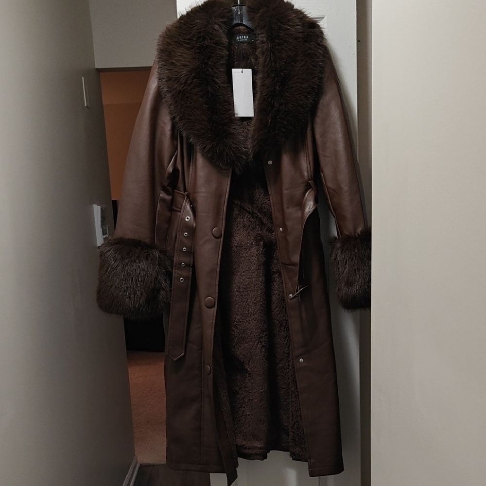 Akira Chocolate Brown Faux Leather Jacket with Faux Fur Trim - Picture 9 of 9